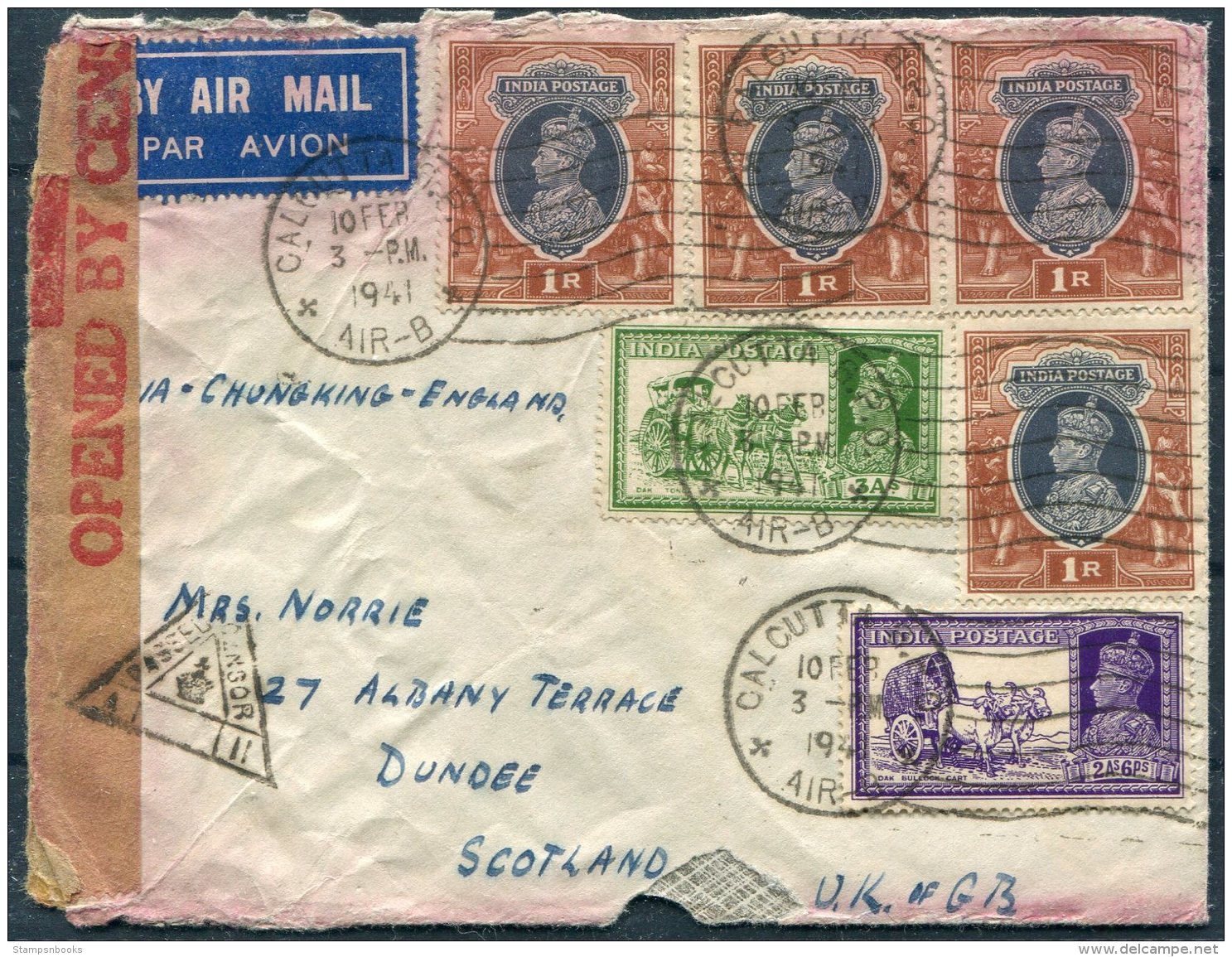 1941 India Calcutta Airmail Cover - Scotland Via Chungking China Censor - 1936-47 Koning George VI