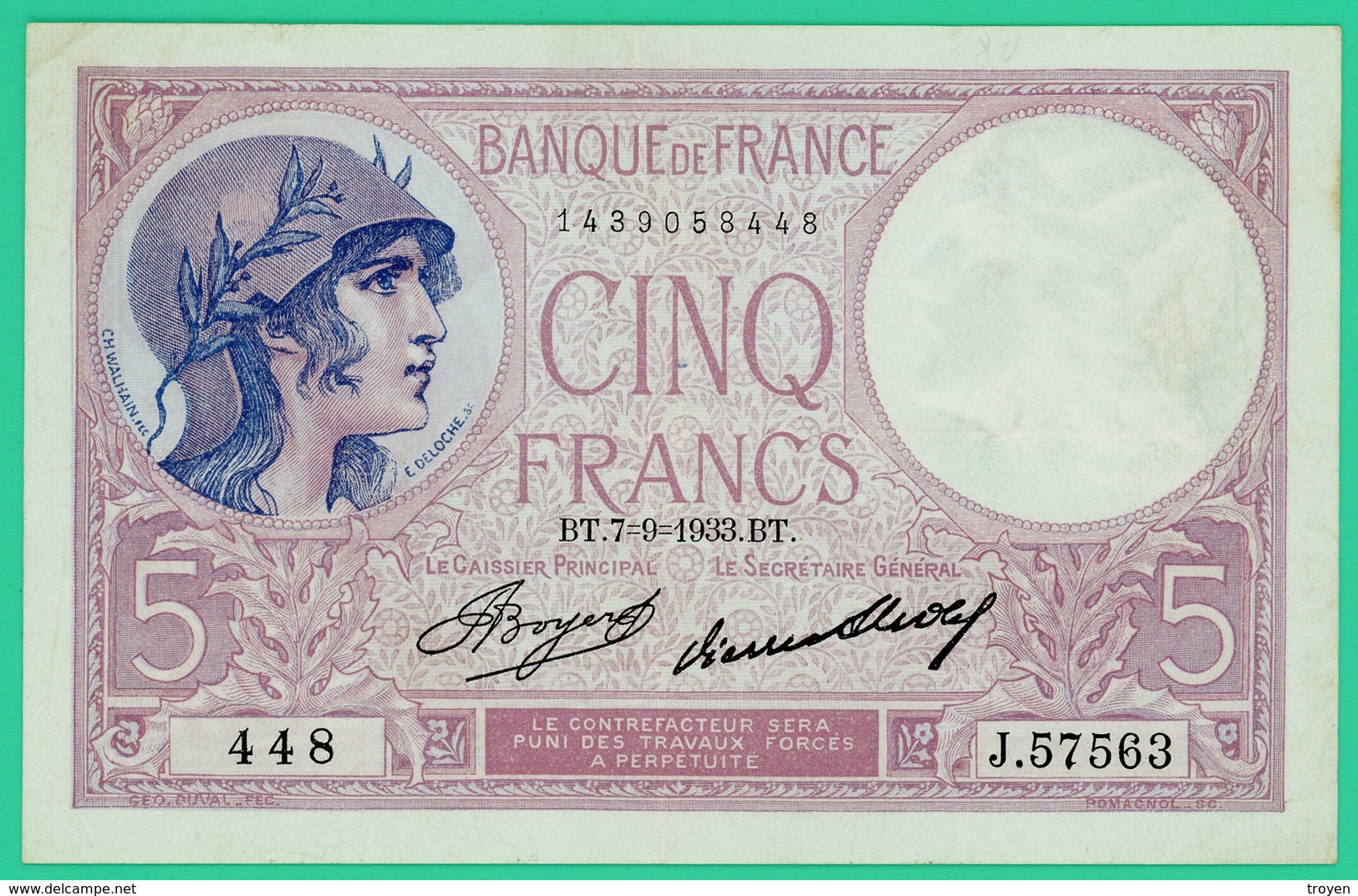 5 Francs Violet - France - N° 448/J.57563 - BT.7=9=1933.BT. -  TTB+ - - 5 F 1917-1940 ''Violet''