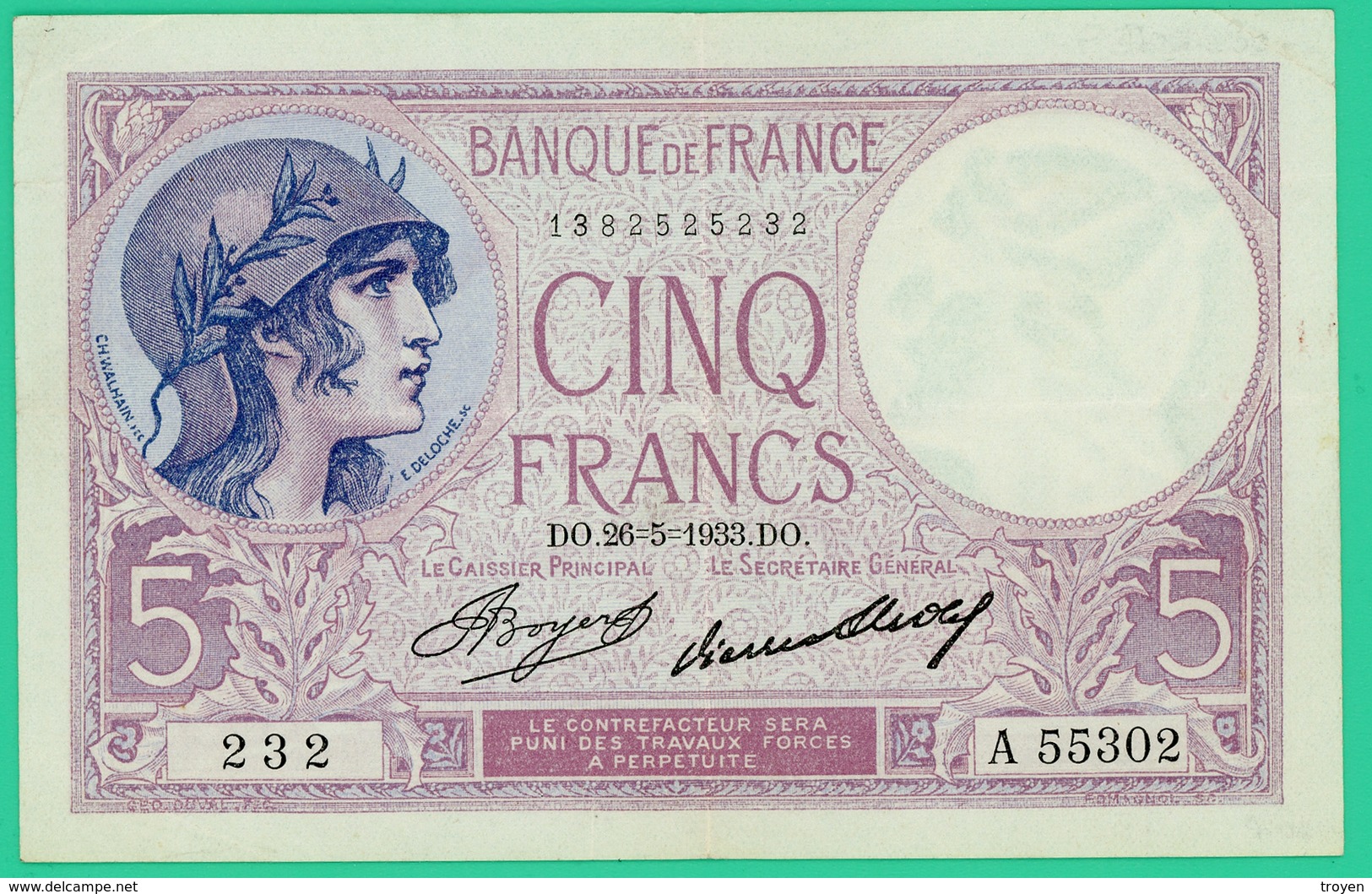 5 Francs Violet - France - N° 232/A.55302 - DO.26=5=1933.DO. -  Sup - - 5 F 1917-1940 ''Violet''