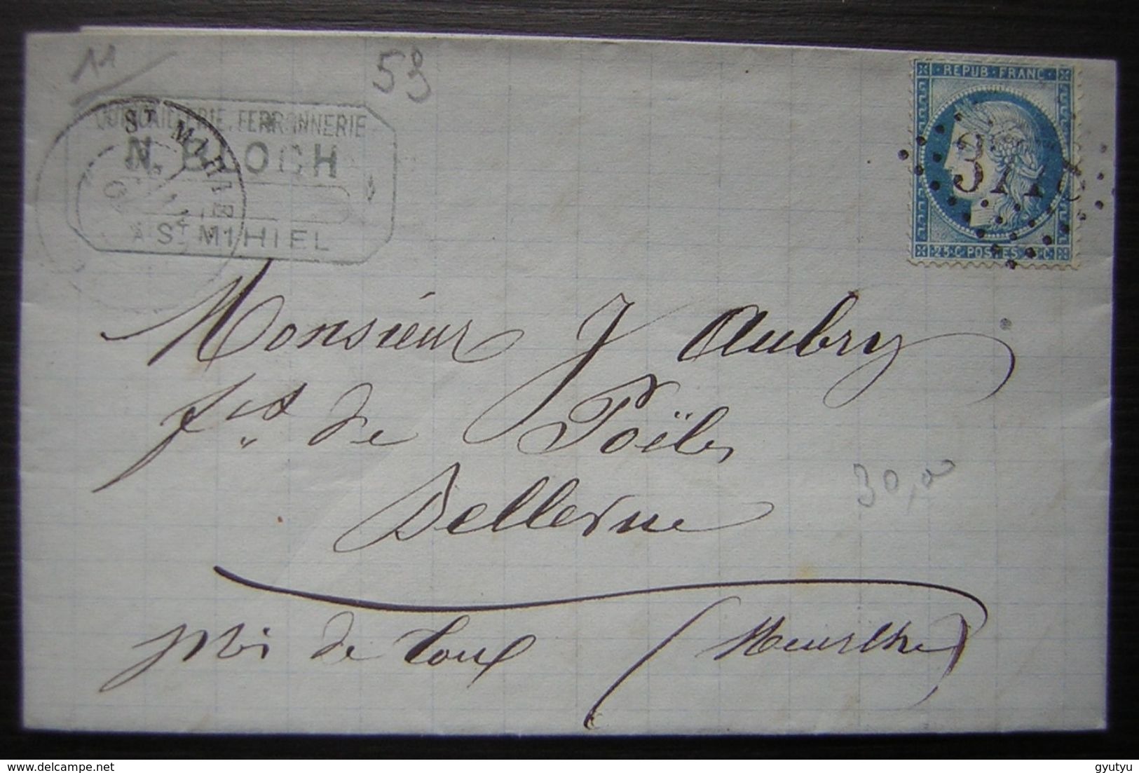 1874 Saint Mihiel (Meuse) Quincaillerie Bloch GC 3778 Sur Lettre Pour Bellevue Près Toul - 1849-1876: Classic Period