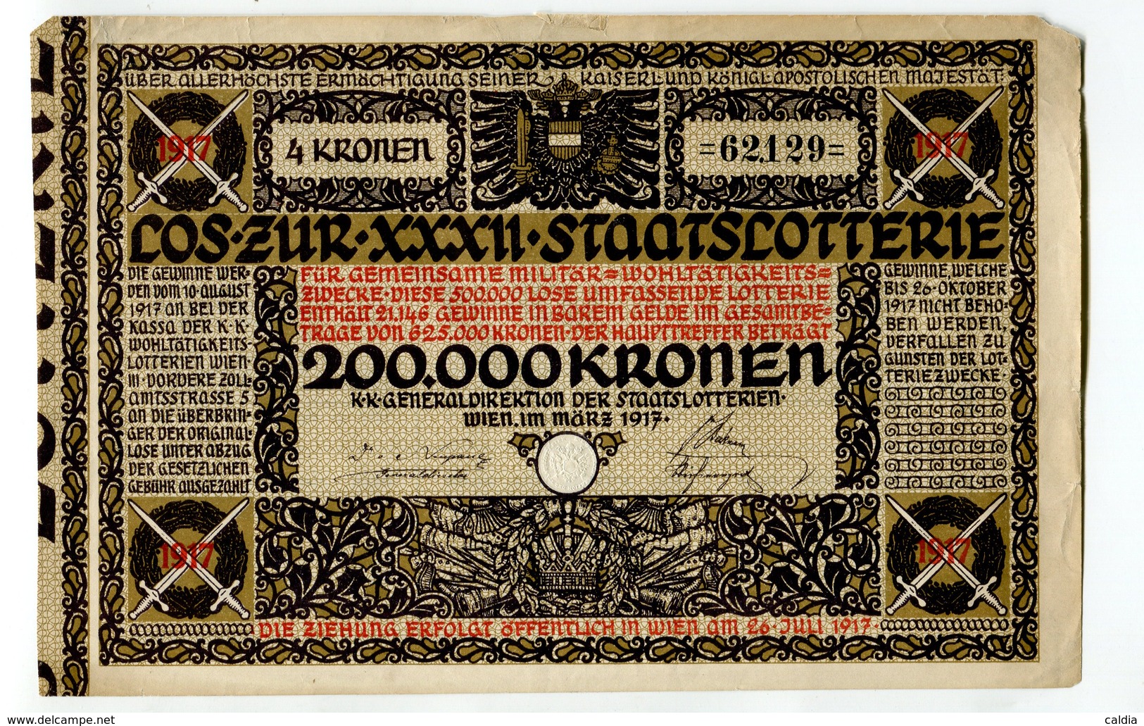 Autriche Austria Österreich " XXXII STAATSLOTTERIE " 1917 Lottery Ticket 4 Kronen - Austria