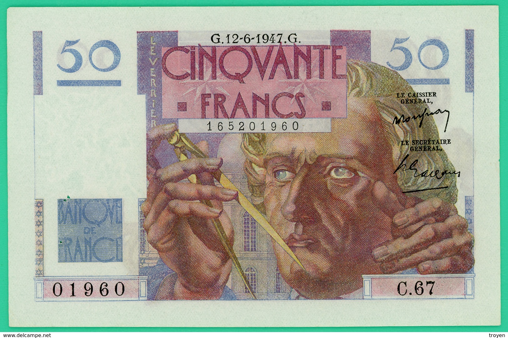 50 Francs Le Verrier - France - N° 01960/C.67 - G.12-6-1947.G. - Sup  +- - 50 F 1946-1951 ''Le Verrier''