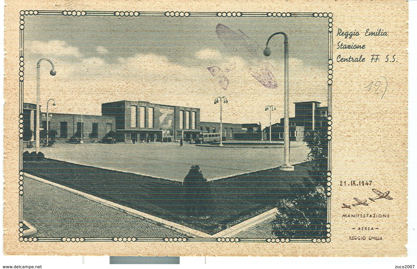 DEMOCRATICA £.4 - CON APPENDICE MANIFESTAZIONE AEREA REGGIO EMILIA 1947 -TIMBRO POSTE REGGIO E. 21/09/1947-CARTOLINA -RR - 1946-60: Storia Postale