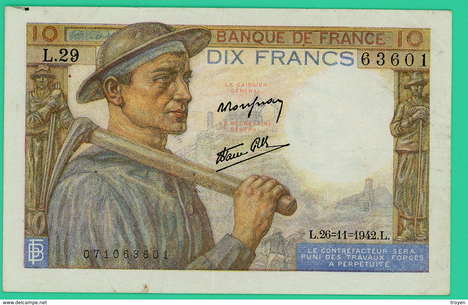 10 Francs  Mineur - France - N° L.29/63601 - L.26=11=1942.L. - TTB+ - 10 F 1941-1949 ''Mineur''