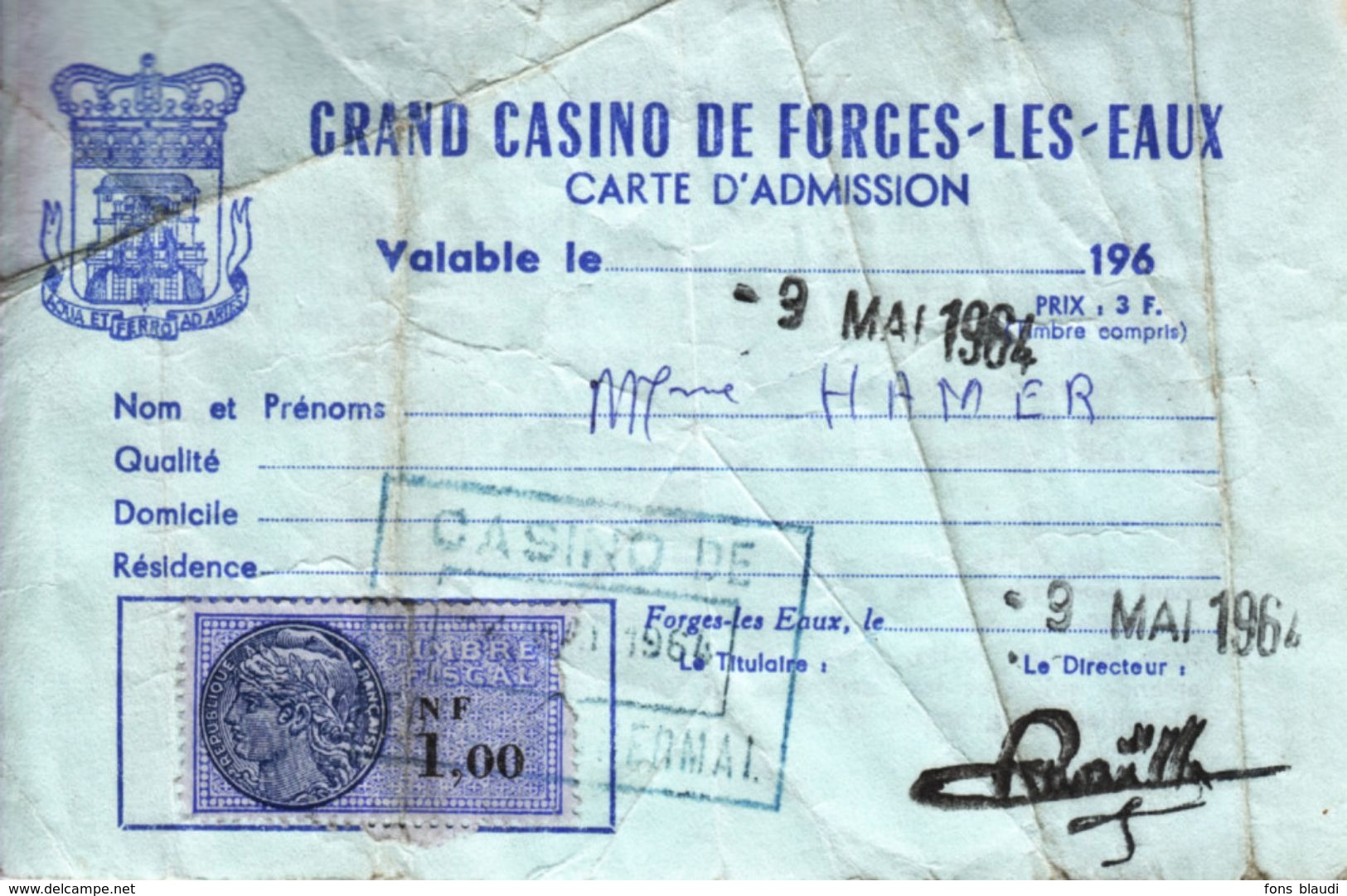 1964 - Forges-les-Eaux (Seine-Maritime) - Carte D'admission Au Casino - FRANCO DE PORT - Non Classés