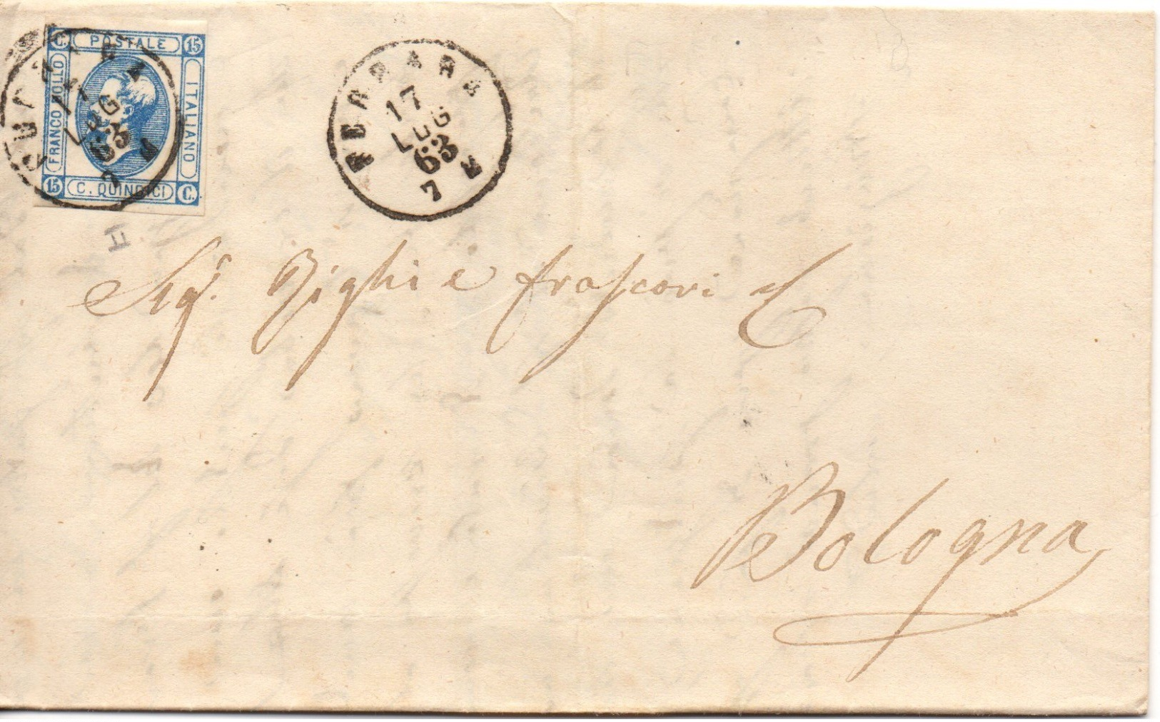 LITOGRAFICO 15c. FERRARA Per BOLOGNA - 17.7.1863 - Piego Con CONTENUTO 7/26 - Marcophilie