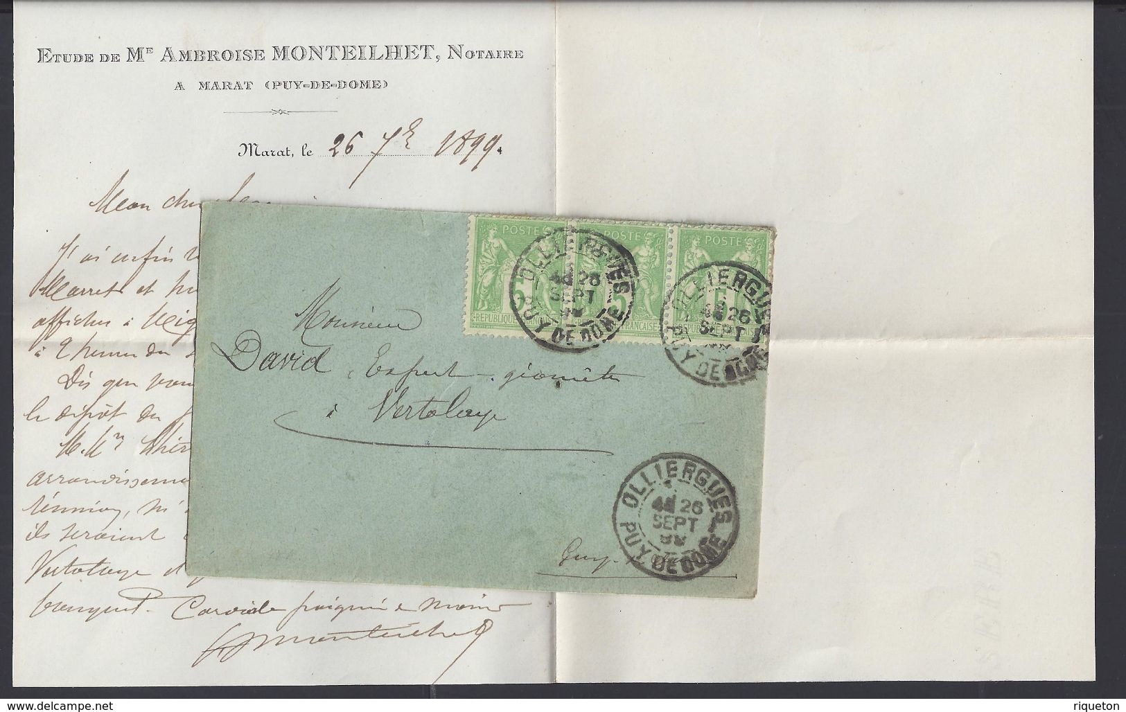 FR -1899 "Etude De Me Amboise Montheilhet Notaire" Affr.15 Ct Type Sage Bande De 3 Sur Enveloppe De Marat Pour Vertolaye - 1877-1920: Periodo Semi Moderno