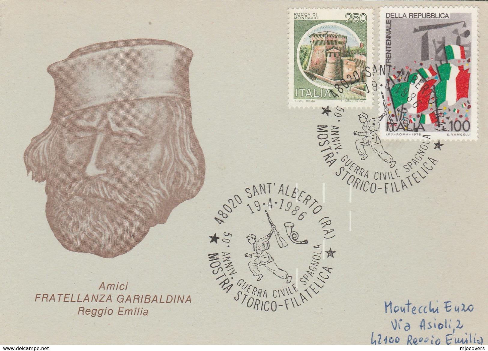 1986  ITALY SPANISH CIVIL WAR 50th Anniv EVENT COVER Sant Alberto Card Stamps Spain - Militaria