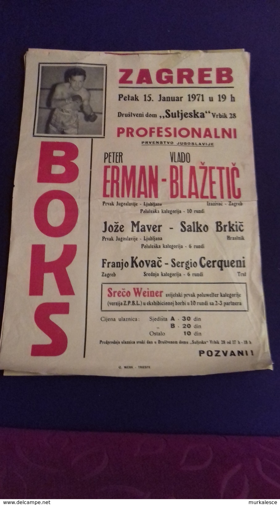 BOX   BOKS   PLAKAT     ZAGREB 1971   PRVENSTVO  JUGOSLAVIJE   50  X 35 CM - Apparel, Souvenirs & Other