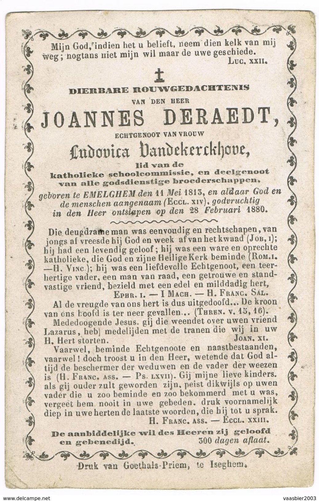 EMELGEM ( Izegem) , Doodsprentje Van Joannes DERAEDT , Overleden Te Emelgem + 1880 - Santini
