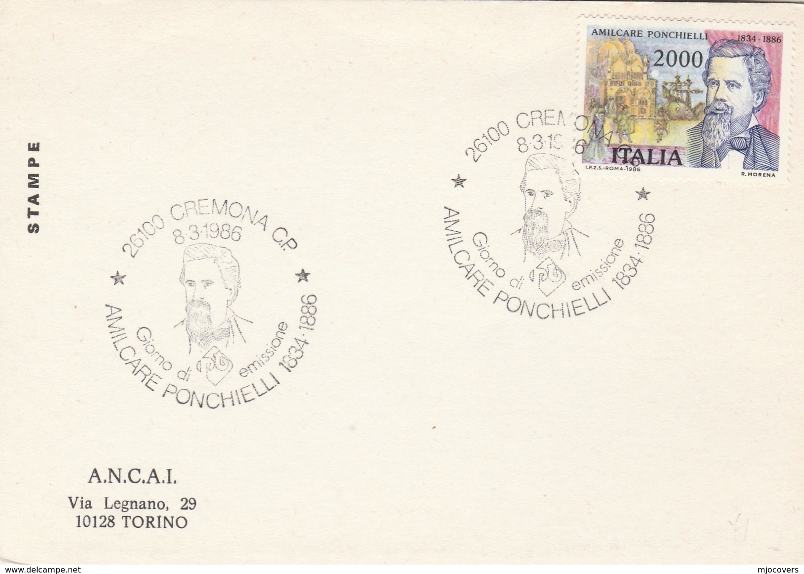 1986 Cremona ITALY FDC Card PONCHIELLI Opera Music Stamps Cover Theatre - Music