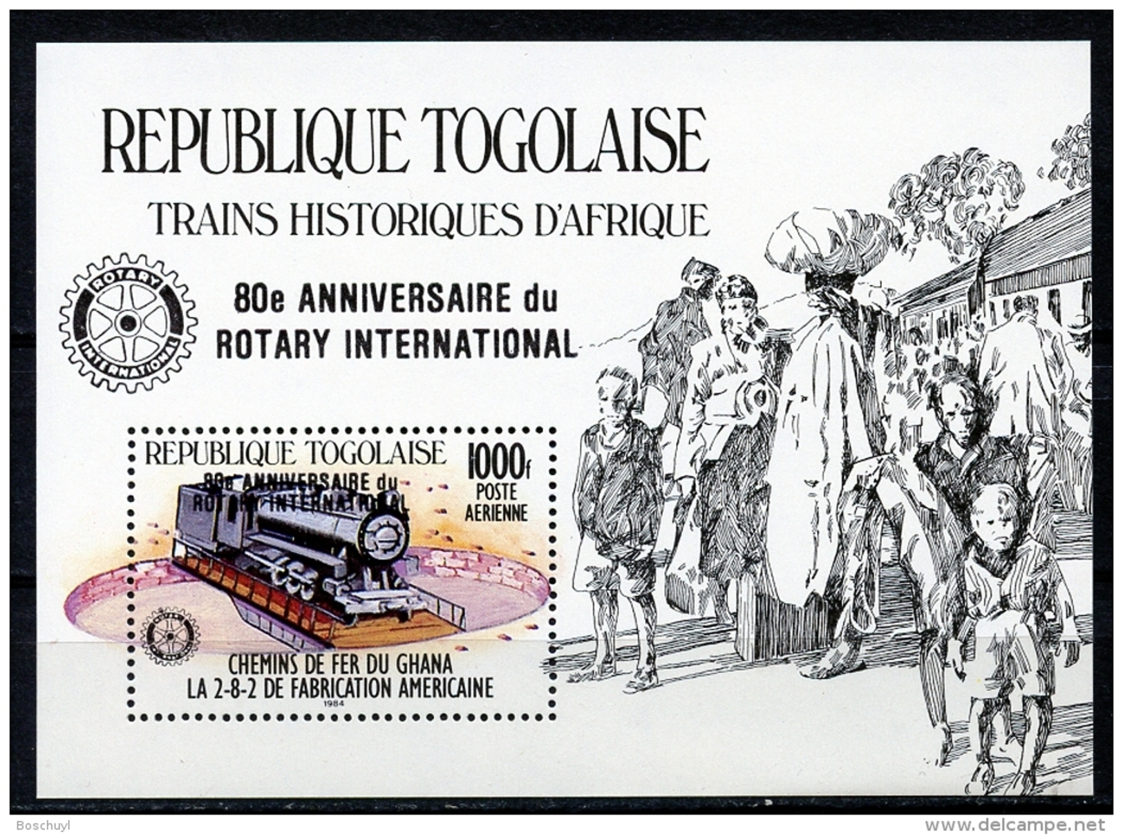 Togo, 1985, Train, Locomotive, Railroad, Rotary International, MNH Overprinted, Michel Block 277 - Togo (1960-...)