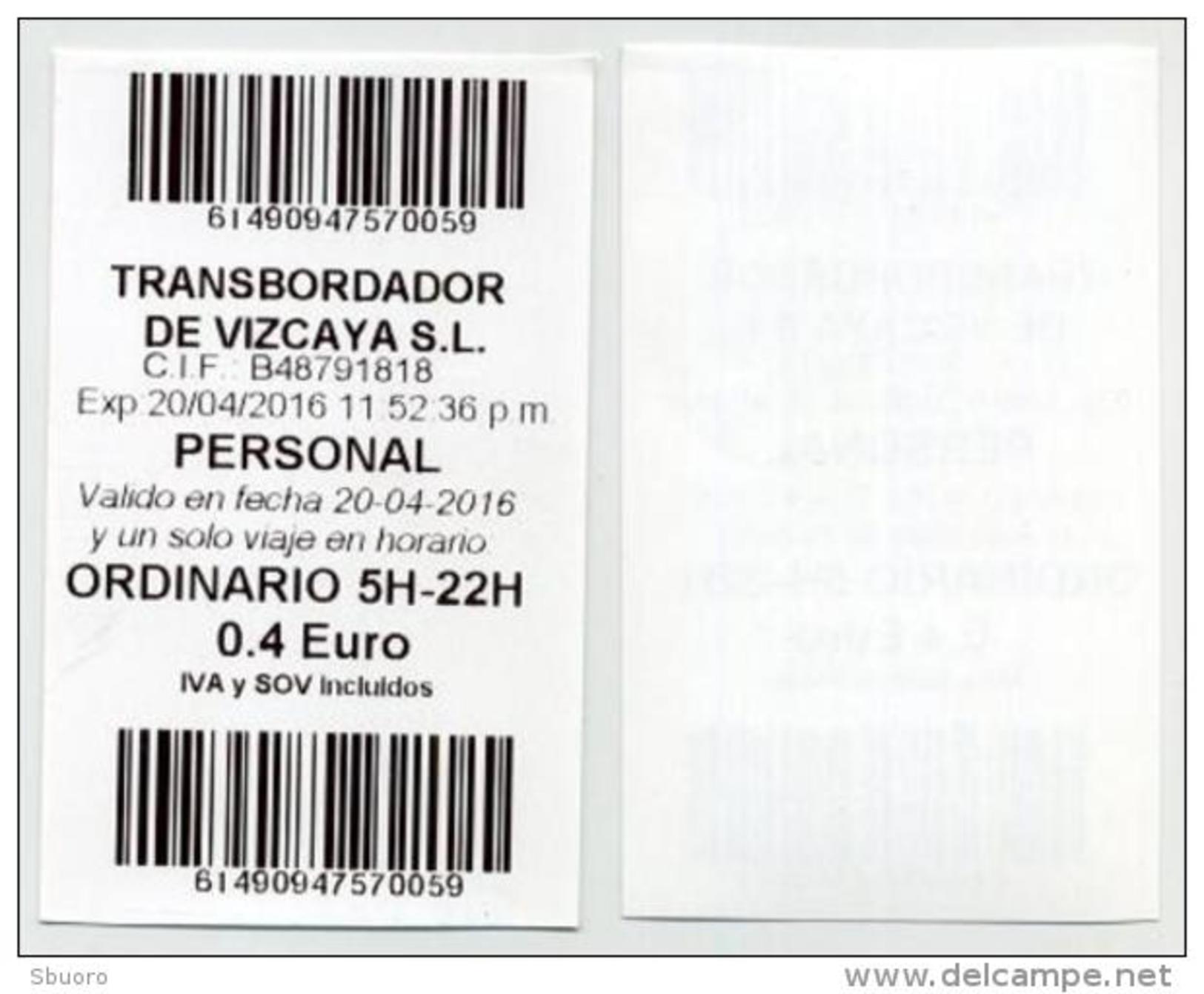 Ticket 1 Voyage Traversée Pont Transbordeur Getxo-Portugalete (Euskadi) Avec Dos Blanc - Other & Unclassified