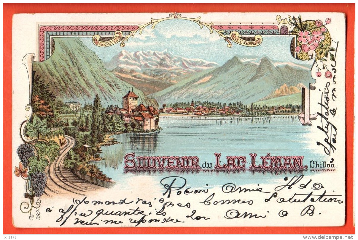 EVB-13  Litho Souvenir Du Lac Léman Ligne Train Du Simplon,Chillon, Dents Du Midi. Précurseur. Cachet 1901 - Autres & Non Classés