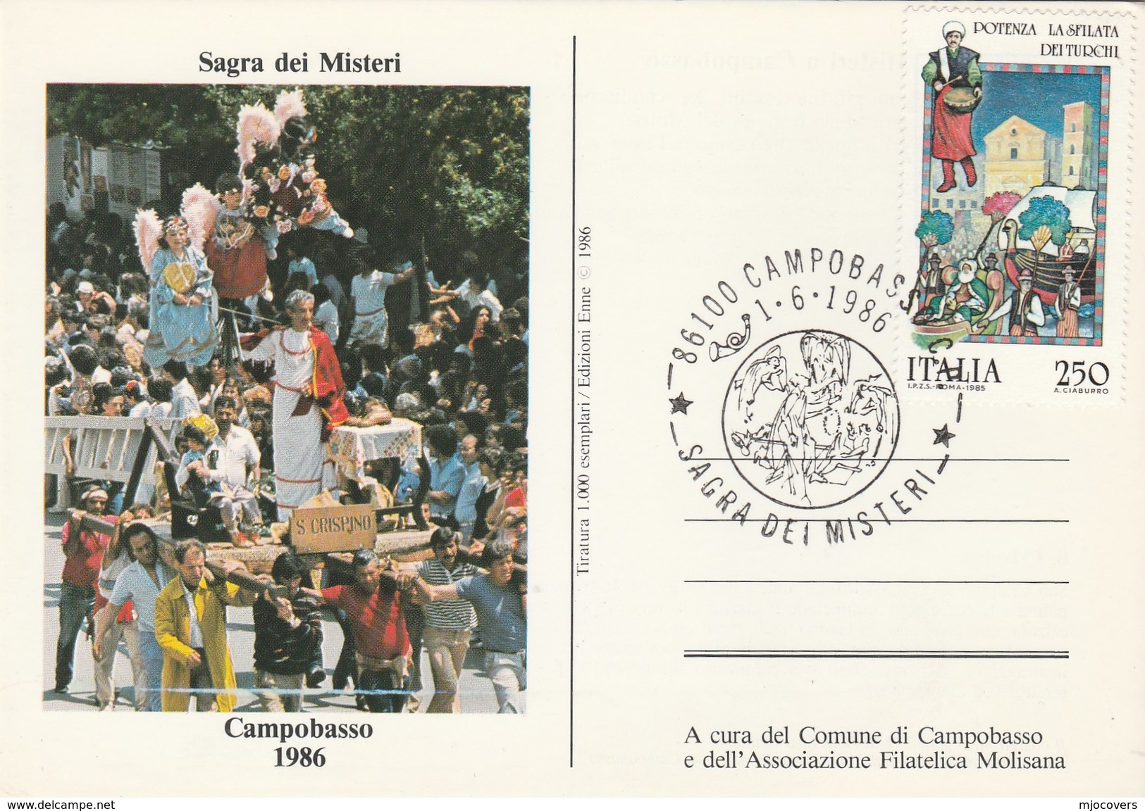 1986 CAMPOBASSO SAGRA Dei MISTERI EVENT COVER Card Italy Religion Christianity Stamps - Christianity