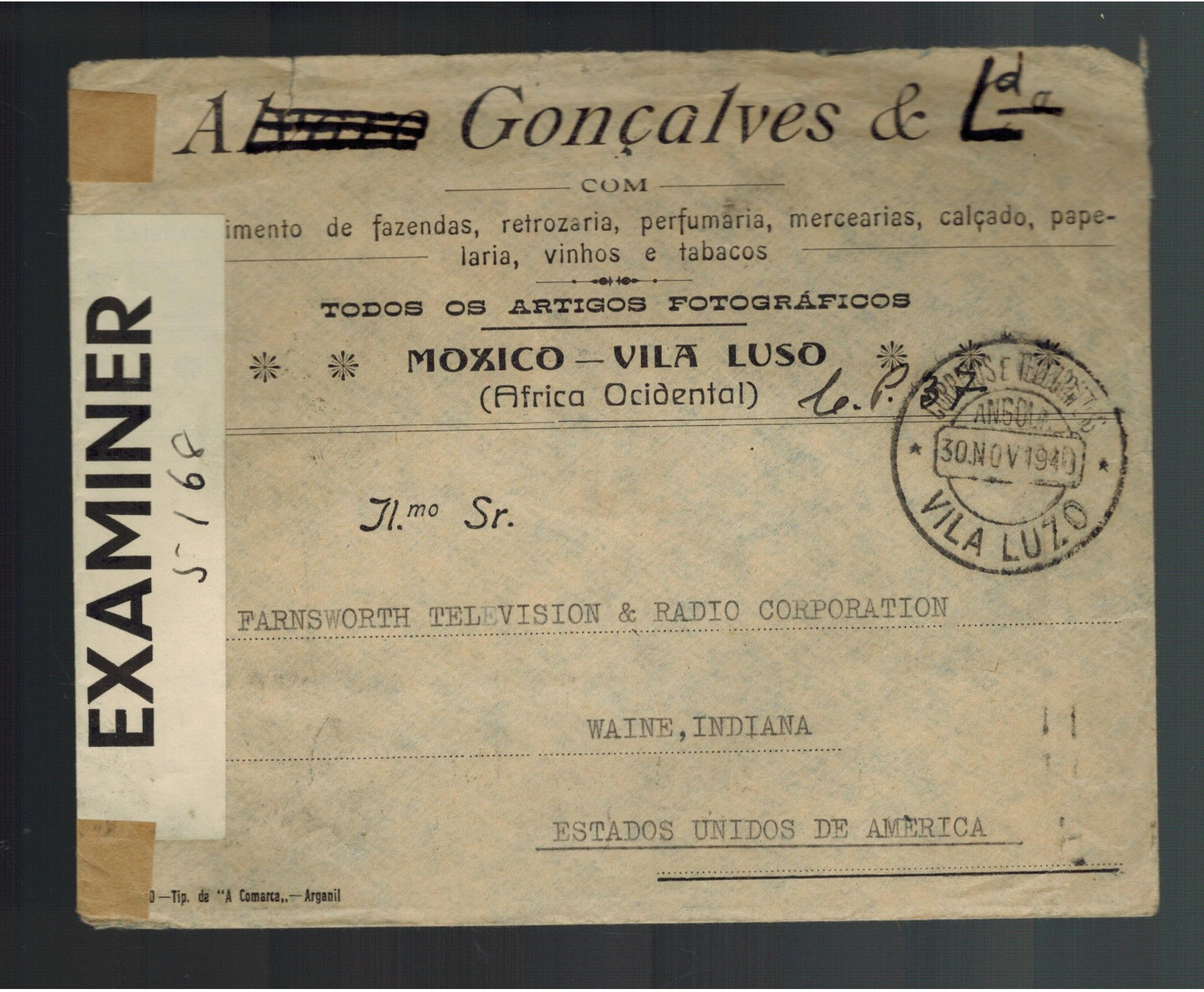 1940 Luanda Angola Censored Cover To Fort Wayne USA Via Lisbon - Angola