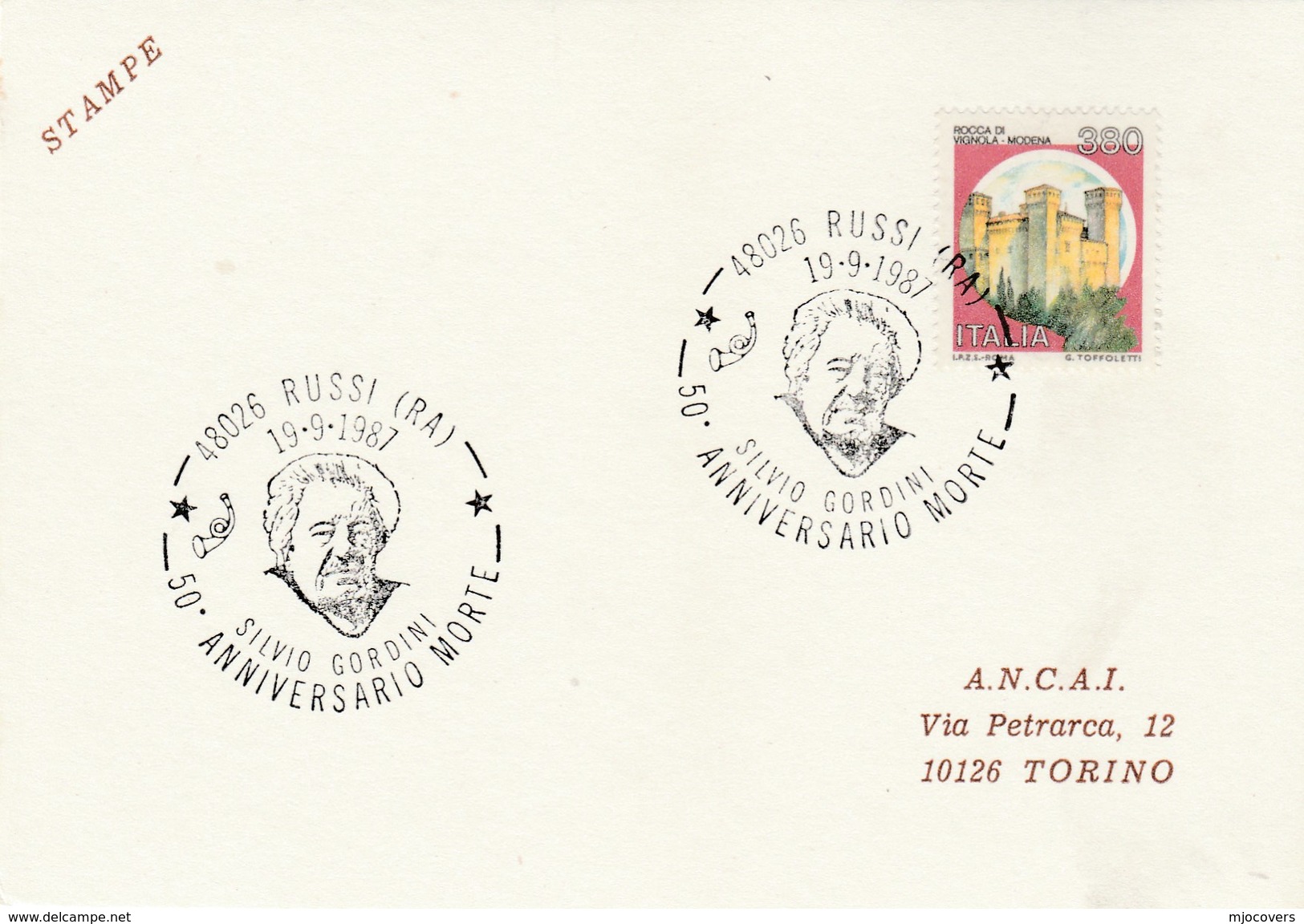 1987 Russi SILVIO GORDINI Death ANNIV EVENT COVER Card Italy Stamps Art - 1961-70: Marcophilia