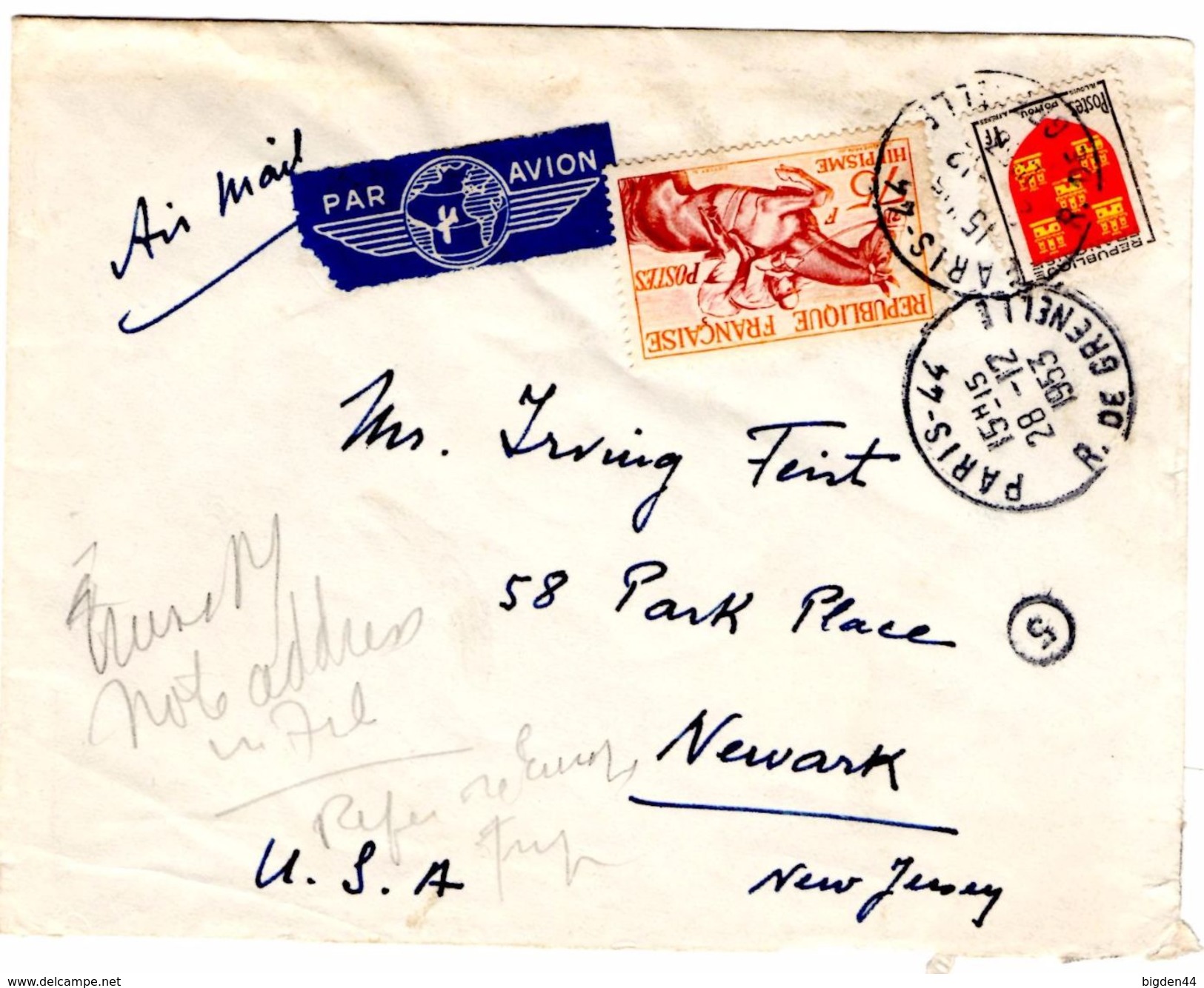 Lettre Par Avion De Paris 44_Grenelle_(28.12.1953) Pour Newark, New Jersey, Yvert N° 965 Et 952 - Lettres & Documents