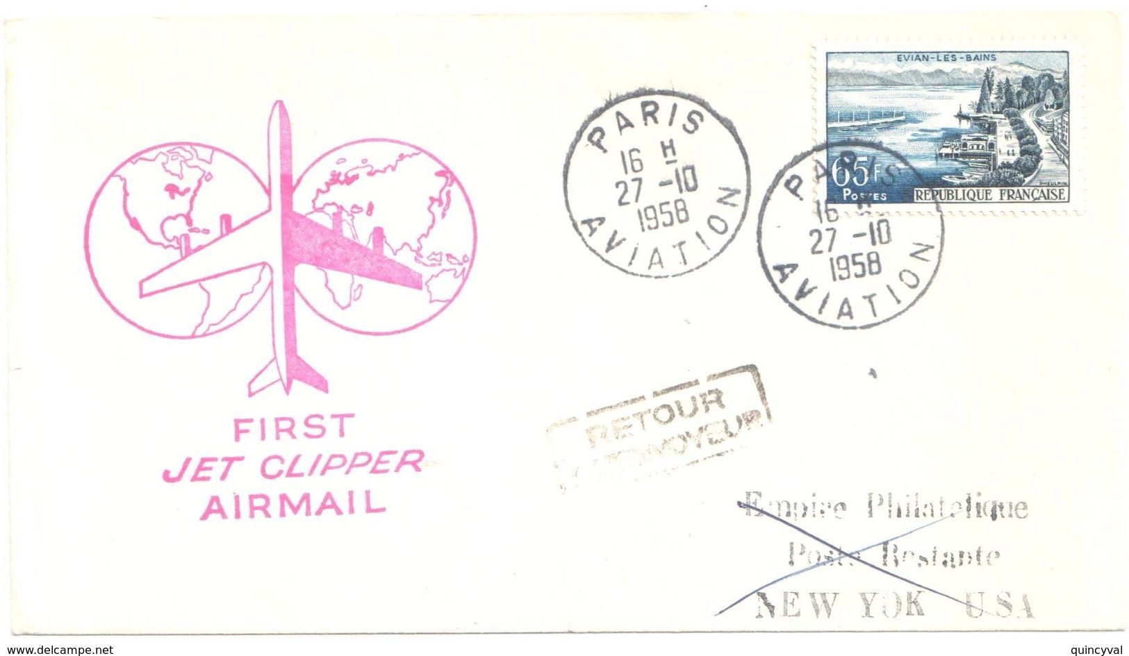 4218 PARIS Aviation Lettre Dest New York Retour à L'envoyeur 65F Evian Yv 1131  Ob 27 10 58 - 1927-1959 Cartas & Documentos