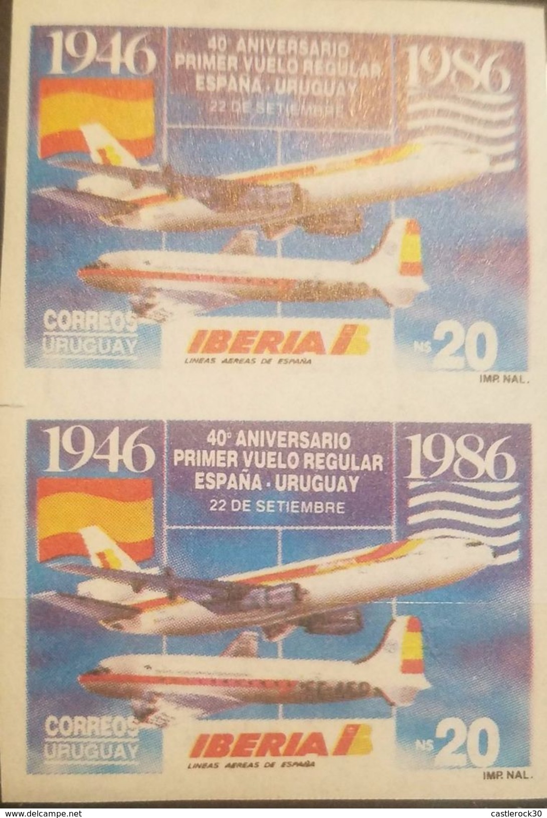 O) 1986 URUGUAY, PROOF, SCHEDULED FLIGHTS BETWEEN URUGUAY AND SPAIN-ANNIVERSARY, SCOTT A516-FIRST REGULAR FLIGHT-IBERIA - Uruguay