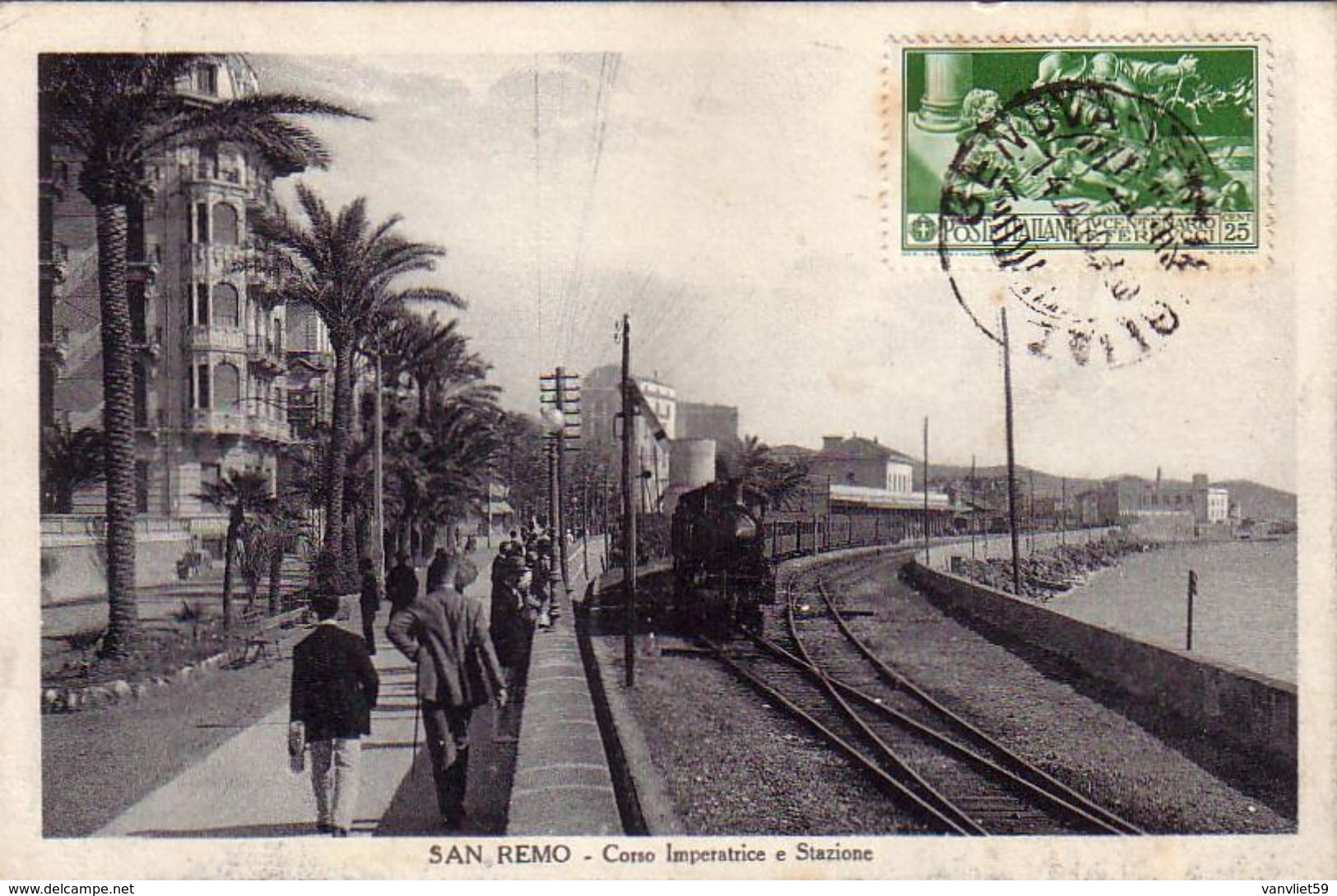 SAN REMO-IMPERIA-CORSO IMPERATRICE E STAZIONE FERROVIARIA-ANIMATA CON TRENO IN ARRIVO-CARTOLINA VIAGGIATA IL 14-8-1920 - San Remo