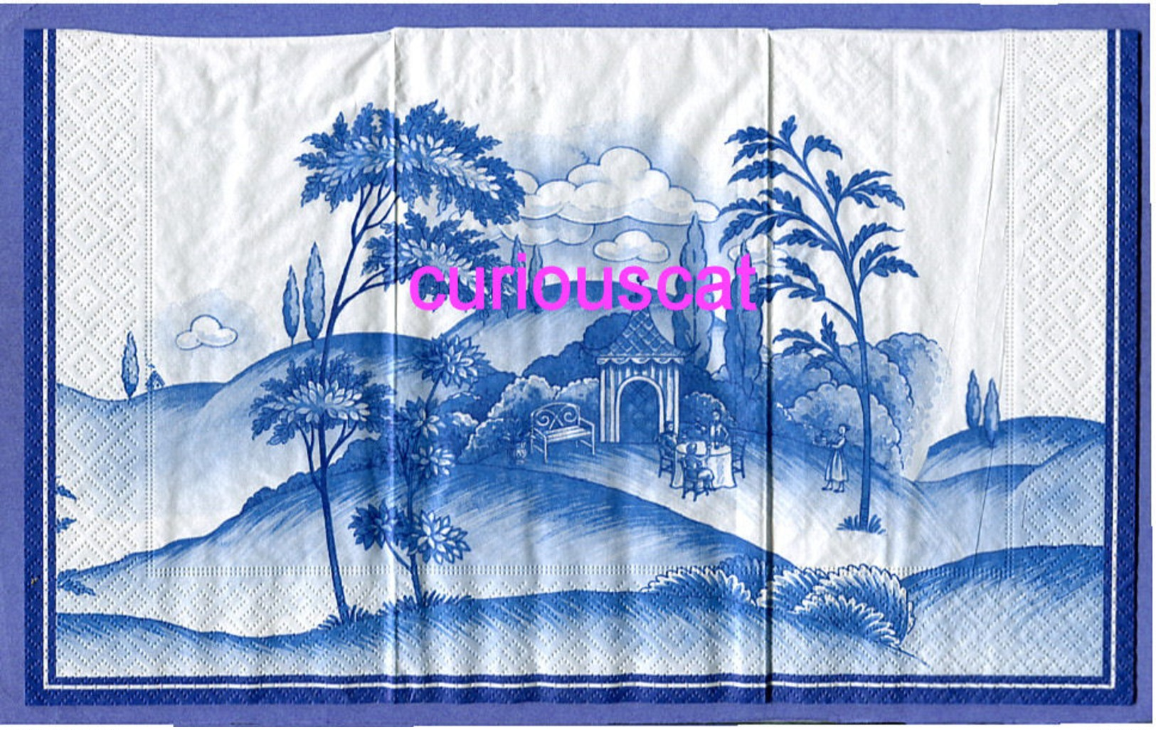 1 SINGLE BUFFET DINNER SIZE PAPER NAPKIN PAPIER SERVIETTE TOVAGLIO BLUE WHITE GARDEN SCENE - Serviettes Papier à Motif