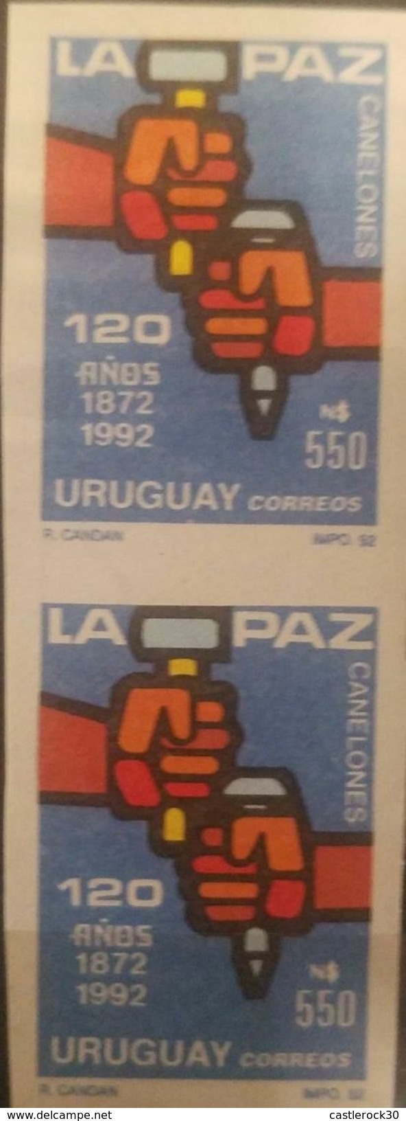 O) 1992 URUGUAY, PROOF IMPERFORATE, LA PAZ CITY FROM 1872-ANNIVERSARY - CANELONES, SCOTT A612b, - Uruguay