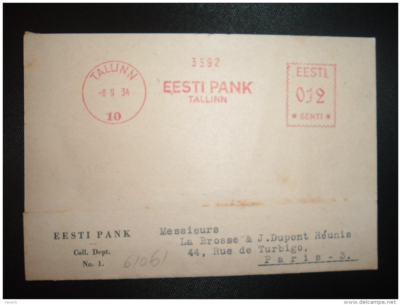 CP EMA EESTI 012 SENTI Du 8 9 34 TALLINN + EESTI PANK - Autres - Europe