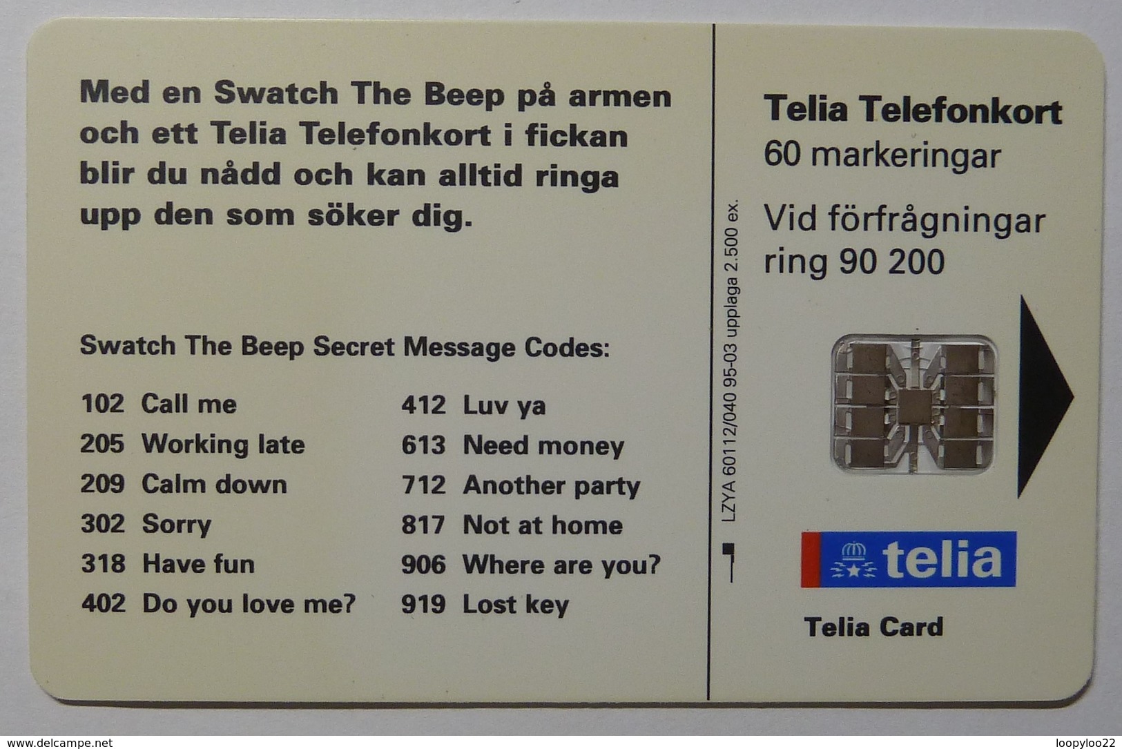 Sweden - Chip - Telia - Swatch The Beep - 60112/040 - 03.95 - 2500ex - Mint - Schweden