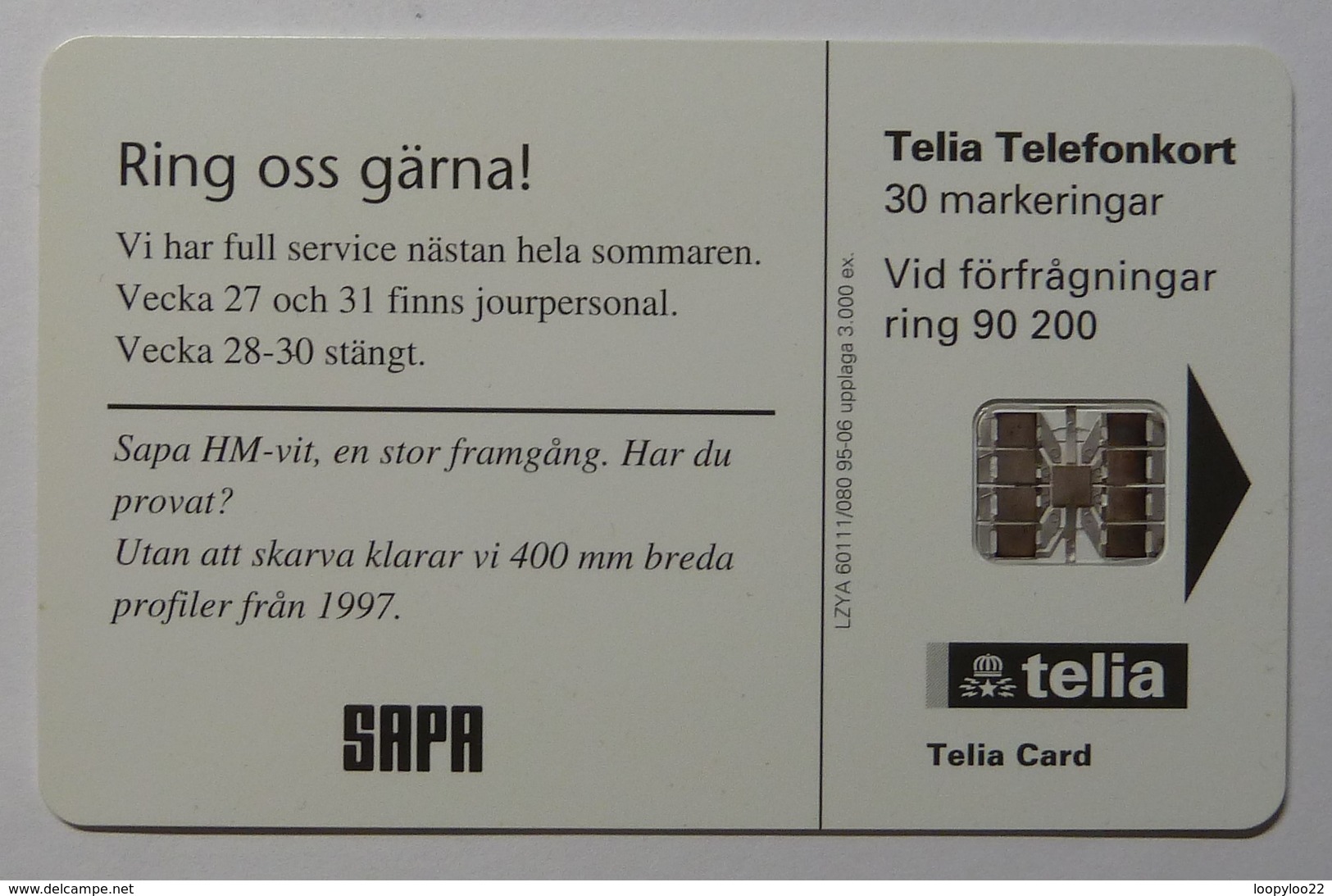 Sweden - Chip - Telia - Sapa - 60111/080 - 06.95 - 3000ex - Mint - Schweden