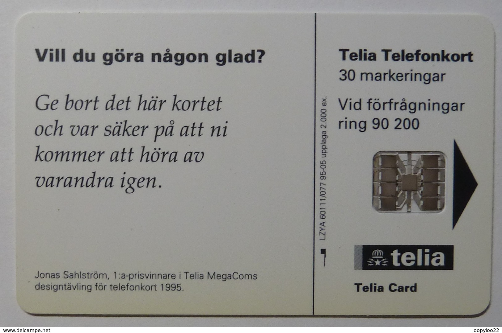 Sweden - Chip - Telia - Jonas Sahlstrom MegaComs - 60111/077 - 05.95 - 2000ex - Mint - Schweden