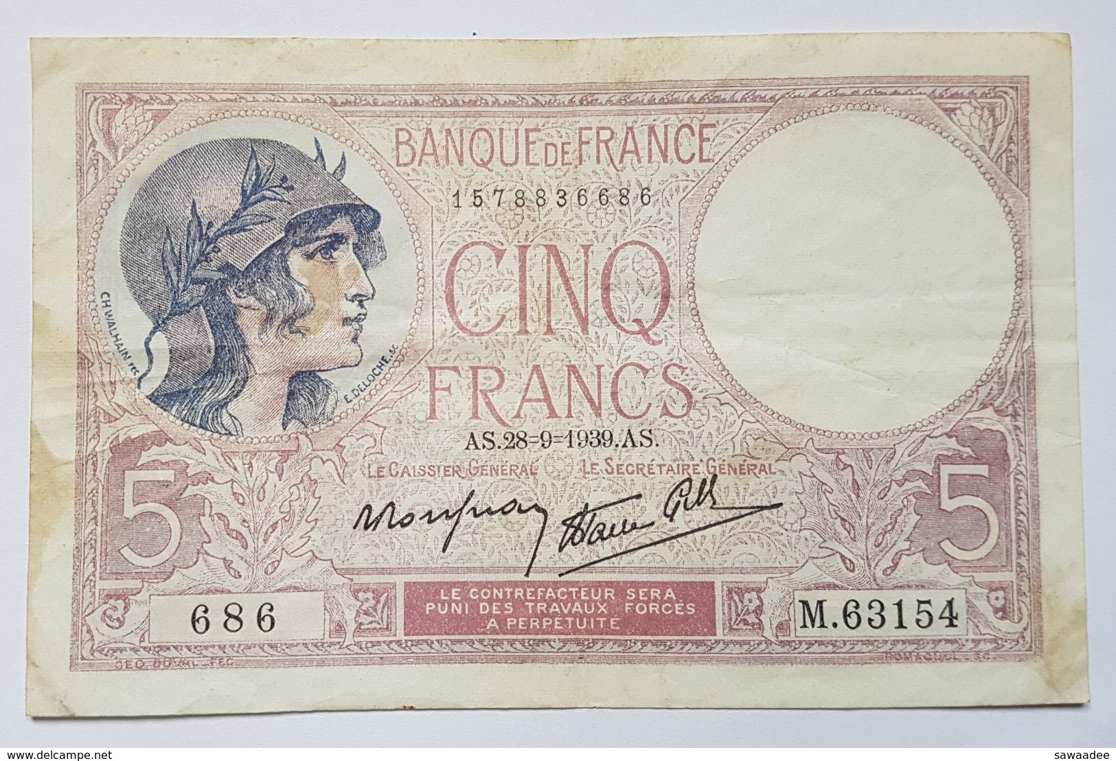 BILLET - FRANCE - P.83 - 5 FRANCS - 28/09/1939 - LE CAISSIER GENERAL - DOCKER - BATEAU - 5 F 1917-1940 ''Violet''