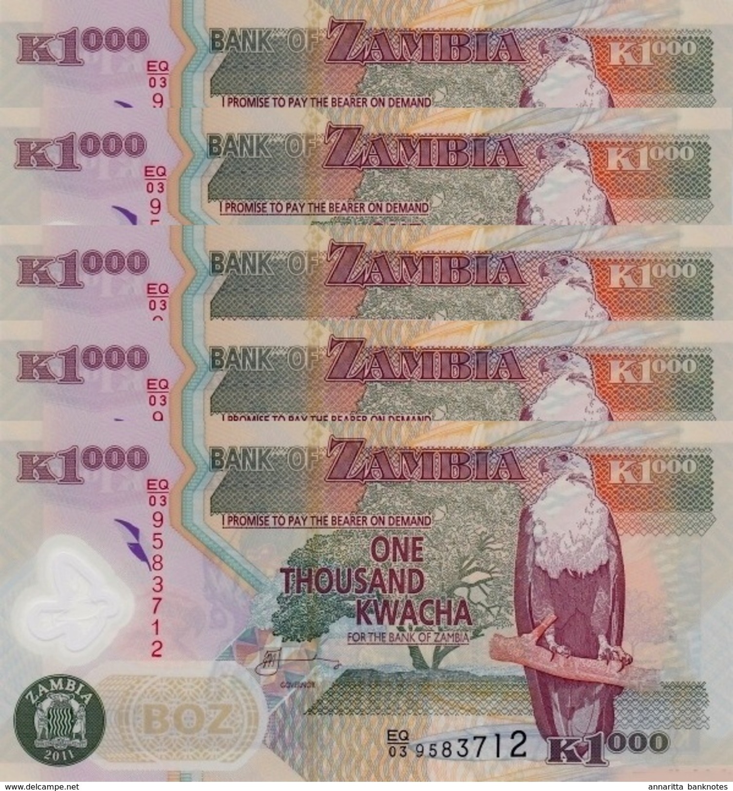 ZAMBIA 1000 KWACHA 2011 P-44h UNC 5 PCS [ZM146h] - Zambia