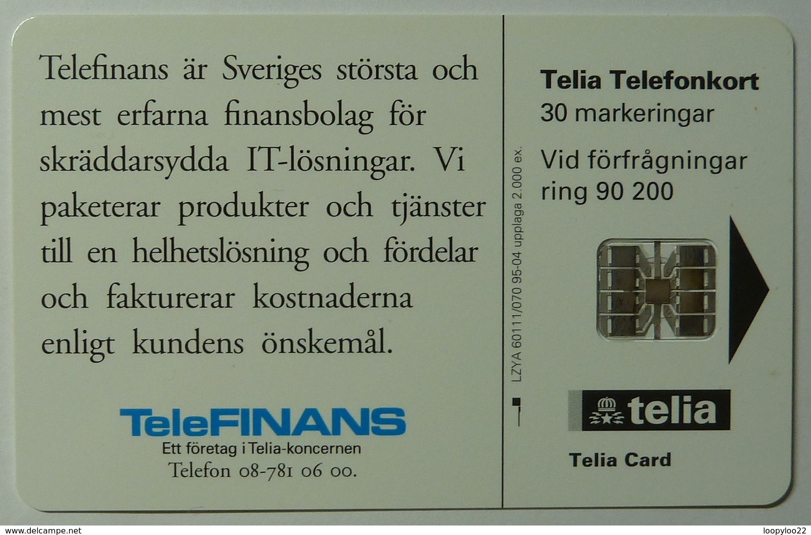 Sweden - Chip - Telia - I Love It - TeleFINANS - 60111/070 - 04.95 - 2000ex - Mint - Schweden