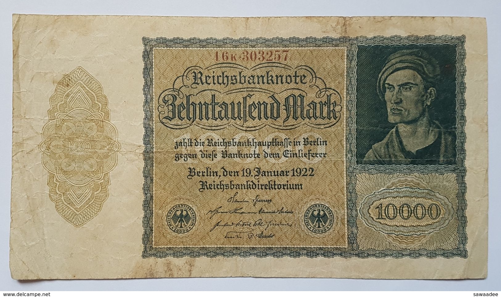 BILLET - ALLEMAGNE - REPUBLIQUE DE WEIMAR - P.72 - 10000 MARK - 19/01/1922 - 10000 Mark