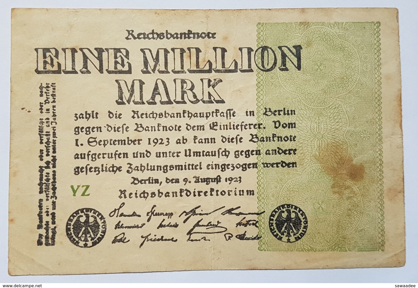 BILLET - ALLEMAGNE - REPUBLIQUE DE WEIMAR - P.102 - 1 MILLION DE MARK - 09/08/1923 - UNIFACE - 1 Million Mark