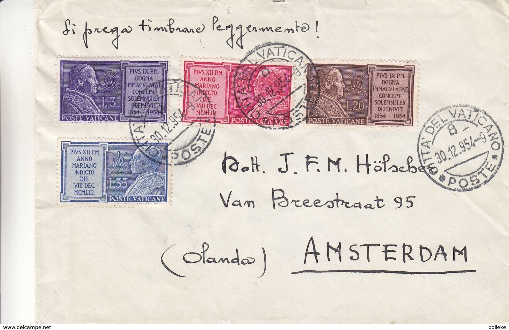 Vatican - Lettre De 1954 - Oblit Citta Del Vaticano - Exp Vers Amsterdam - - Lettres & Documents