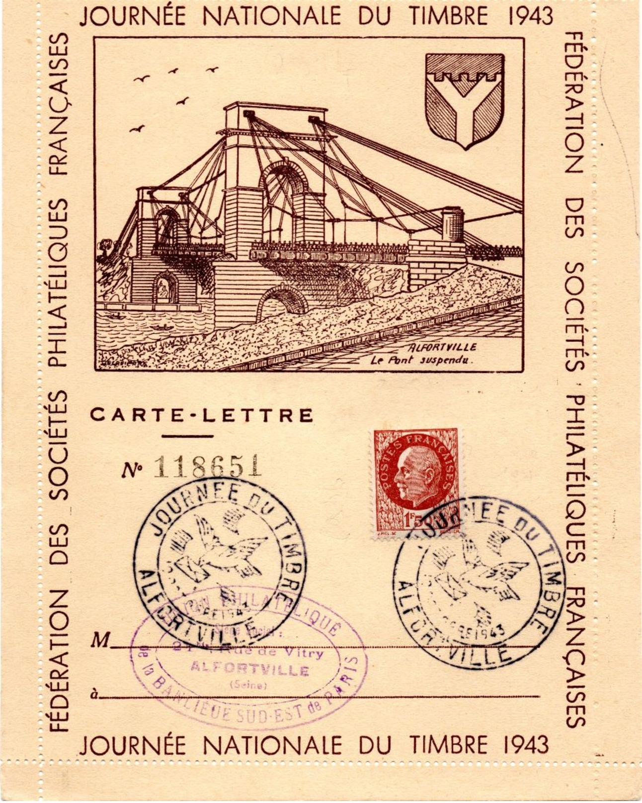 Journée Nationale Du Timbre 1943 ALFORVILLE  Cote : 20 Euros - Collections