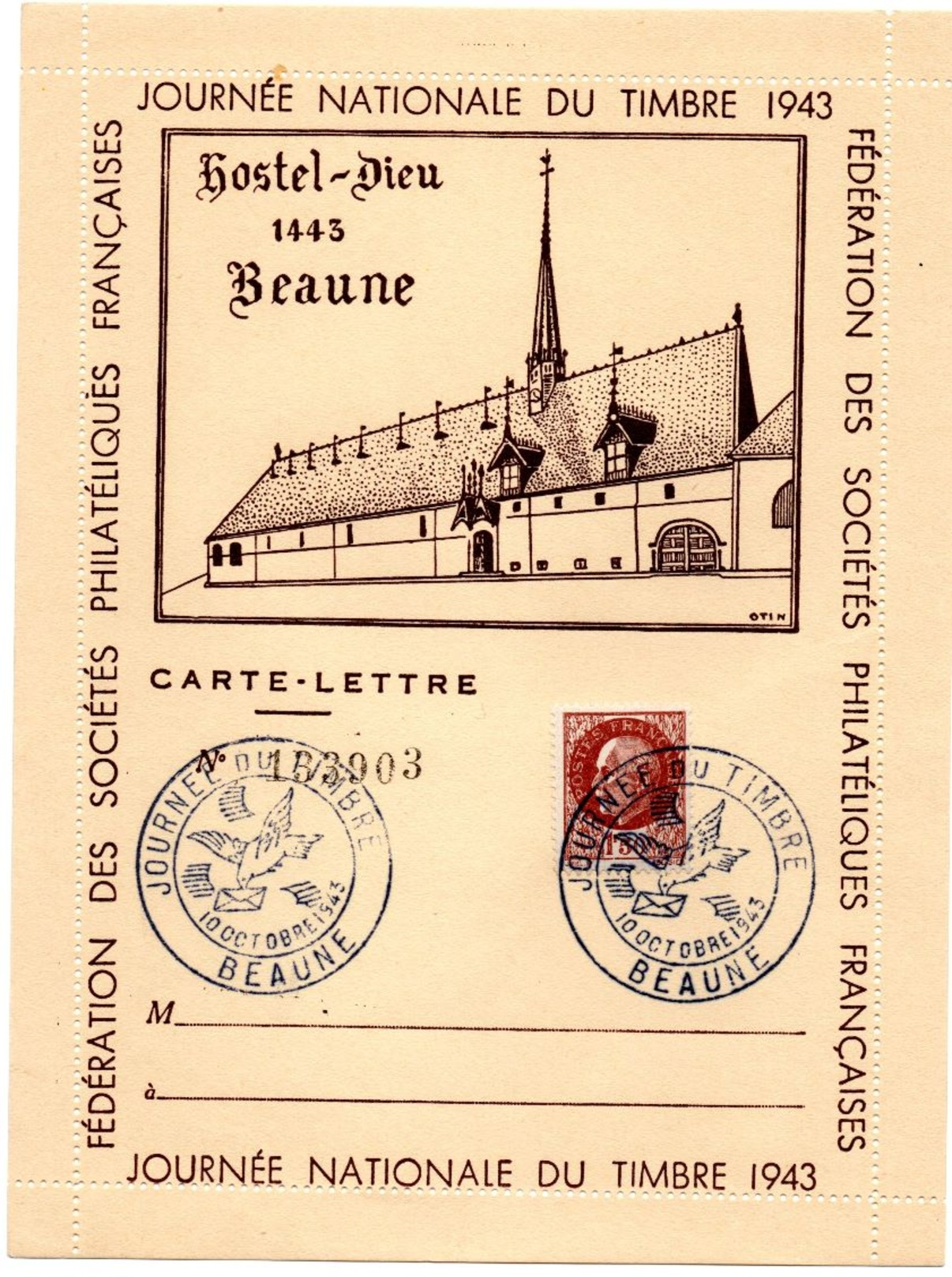 Journée Nationale Du Timbre 1943 BEAUNE  Cote : 20 Euros - Collections