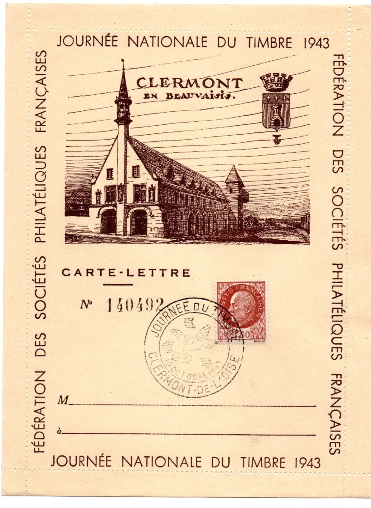 Journée Du Timbre 1943  CLERMONT De L'OISE 10 Octobre 1943 Carte-Lettre  Côte 2014 : 20 Euros - Sammlungen