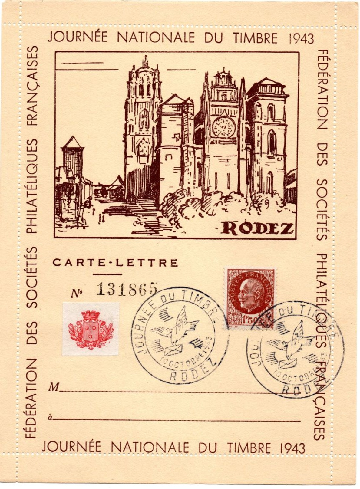 Journée Nationale Du Timbre 1943 RODEZ Côte 2014 20 Euros - Collections