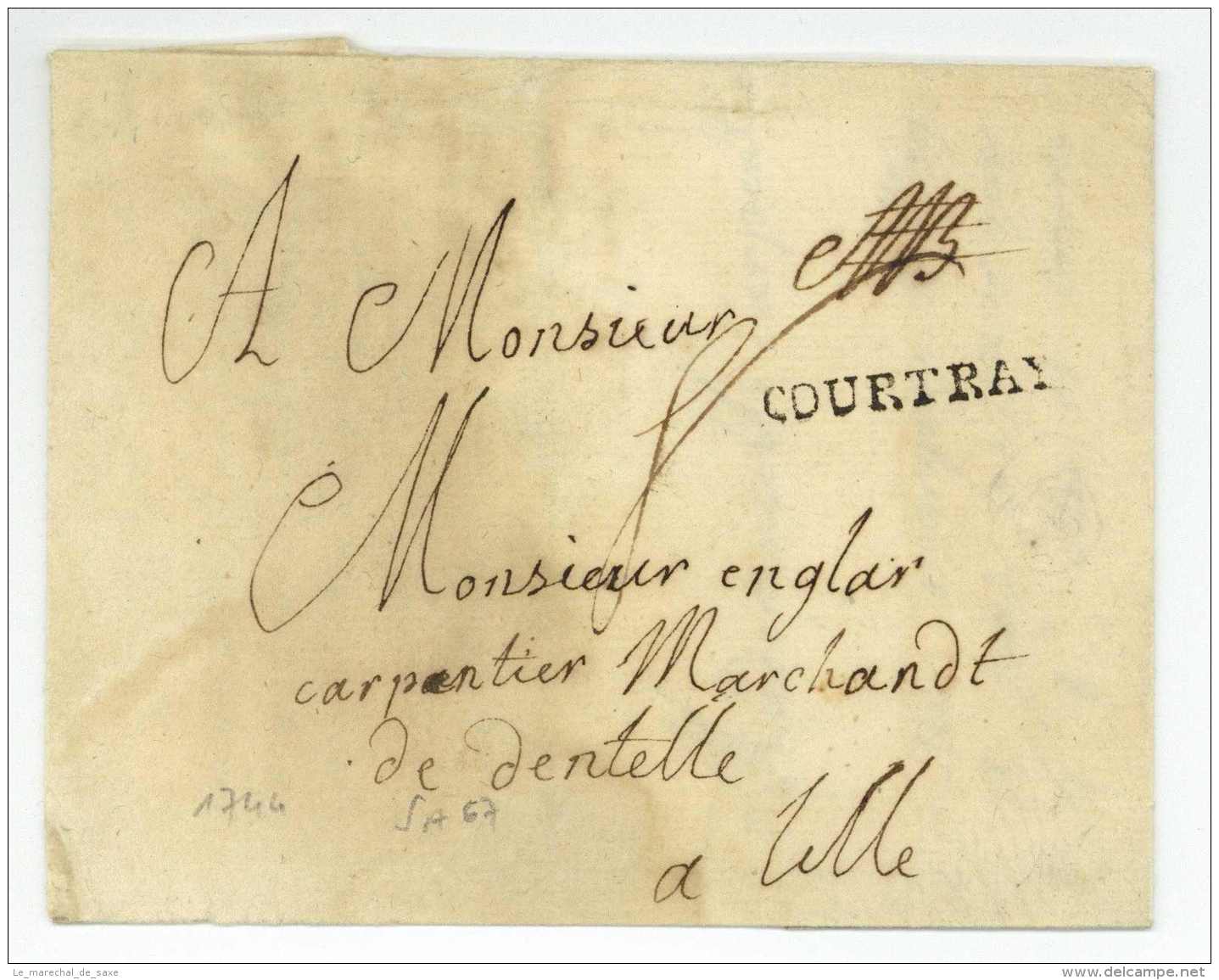 COURTRAY 1744 Courtrai Kortrijk Belgique Pour Lille Lenain SA 67 Guerre De La Succession D'Autriche Erbfolgekrieg - Army Postmarks (before 1900)
