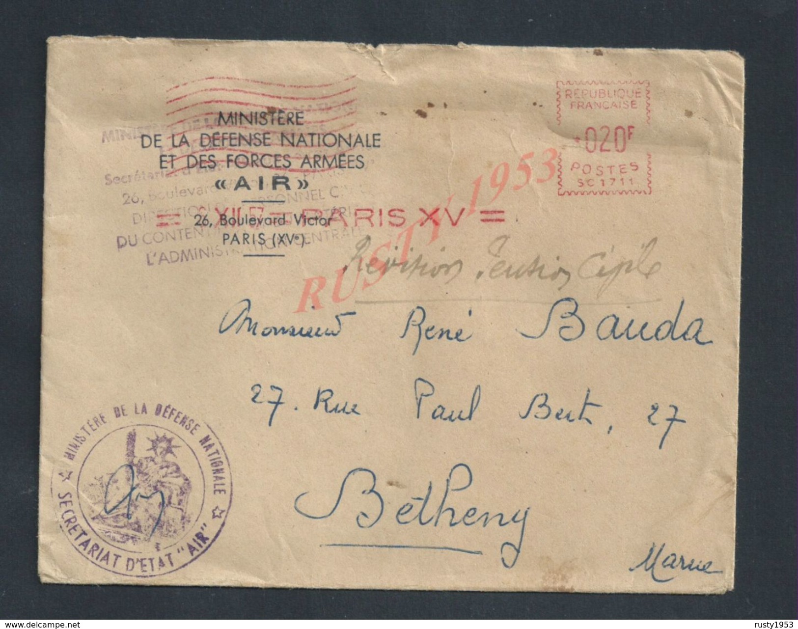 MILITARIA LETTRE MILITAIRE EMA TAMPON MINISTERE DE LA DEFENSE & DES FORCES ARMEES AIR AVIATION PARIS BOULEVARD VICTOR - EMA (Print Machine)