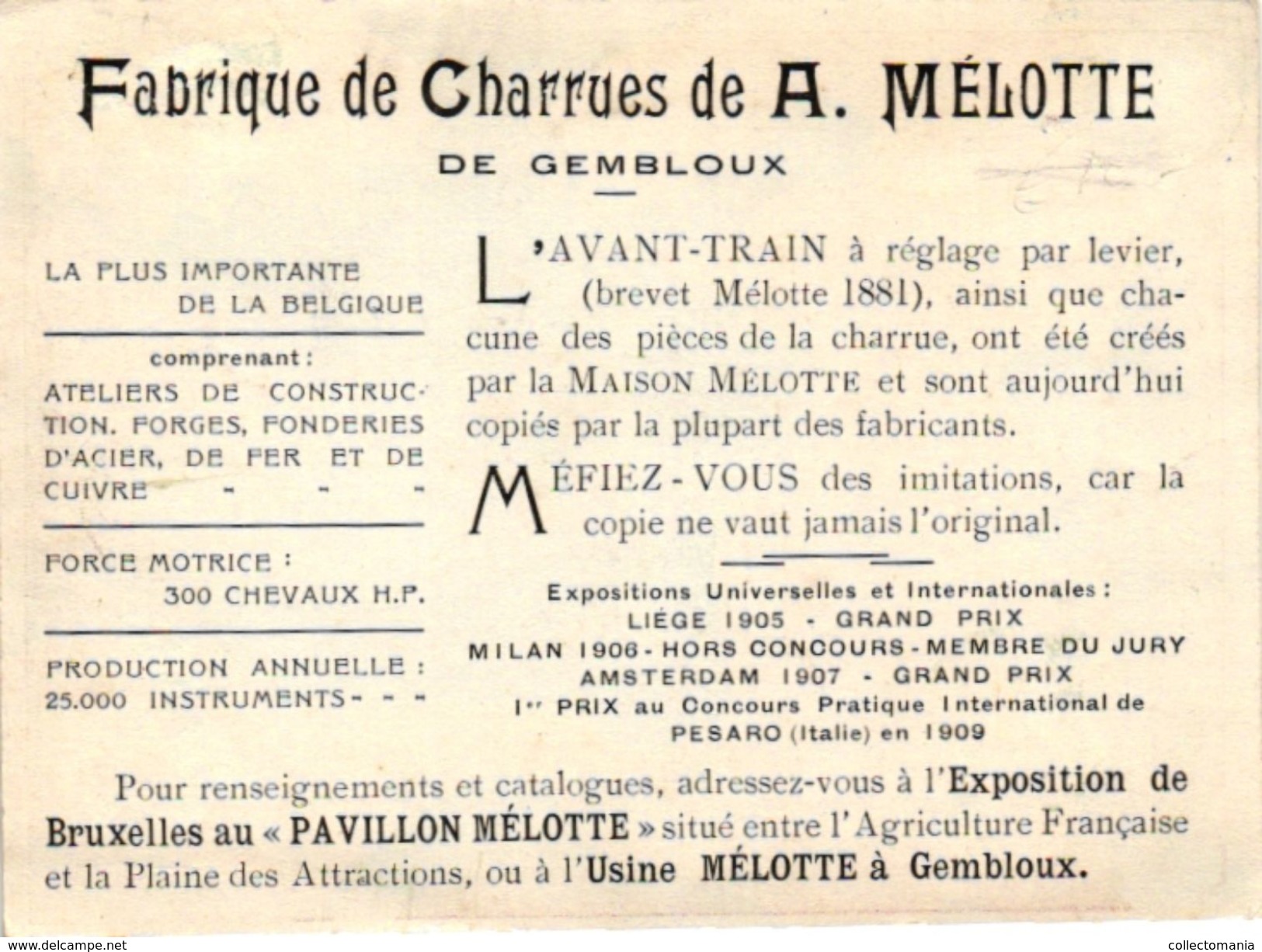 1 Card Publicité .Mélotte Brevet Gembloux  Gembloers Fabrique De Charrues  Cheval De Trait Trekpaard C1910 TRES BIEN - 1900 – 1949