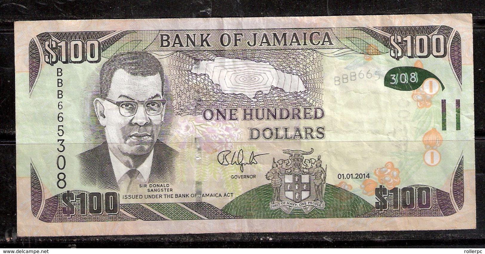 030901 JAMAICAN $100 NOTE 1-1-2014 -- USED - Jamaique