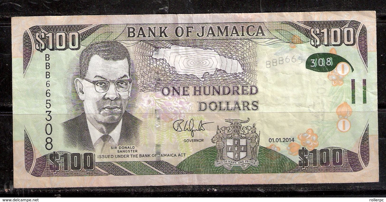 030901 JAMAICAN $100 NOTE 1-1-2014 -- USED - Giamaica