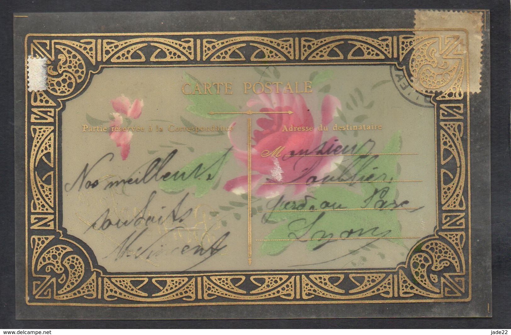 CPA FANTAISIE CELLULOID CELLULOIDE - DORURE - OR - Art Déco - Art Nouveau - Peinte à La Main - Jolie Fleur Rose -#521 - Autres & Non Classés