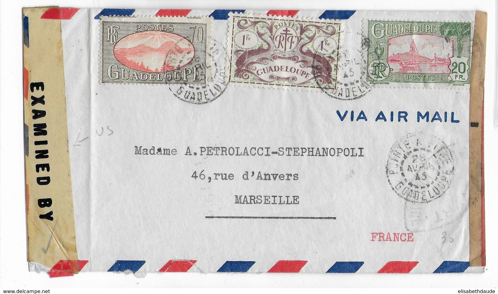 GUADELOUPE - 1945 - ENVELOPPE Par AVION De POINTE à PITRE Avec DOUBLE CENSURE => MARSEILLE - Lettres & Documents