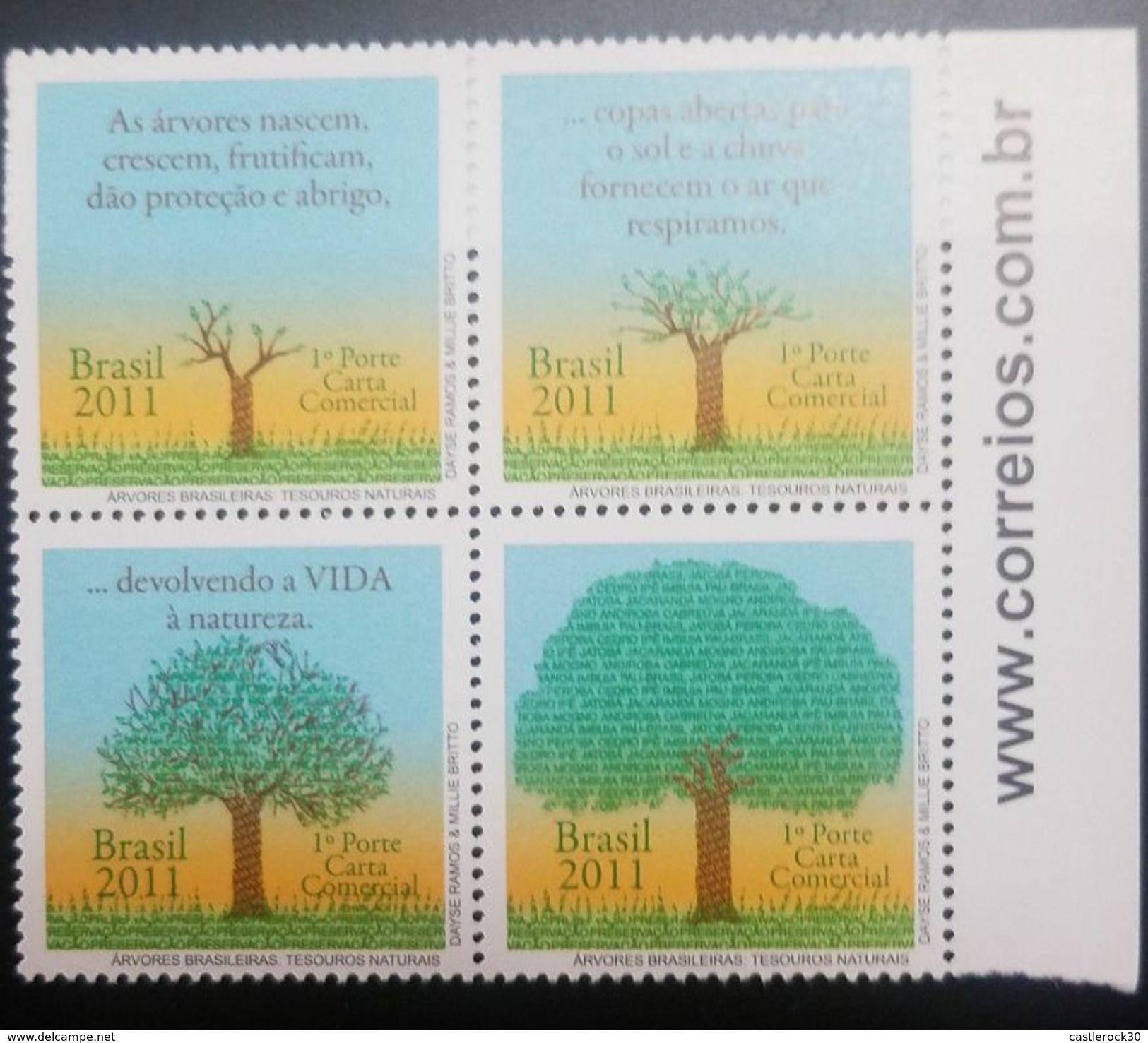 L) 2011 BRAZIL, BRAZILIAN TREES, NATURAL TREASURES, NATURE, FLOWERS, PLANTS, BLOCK OF 4, MNH - Unused Stamps