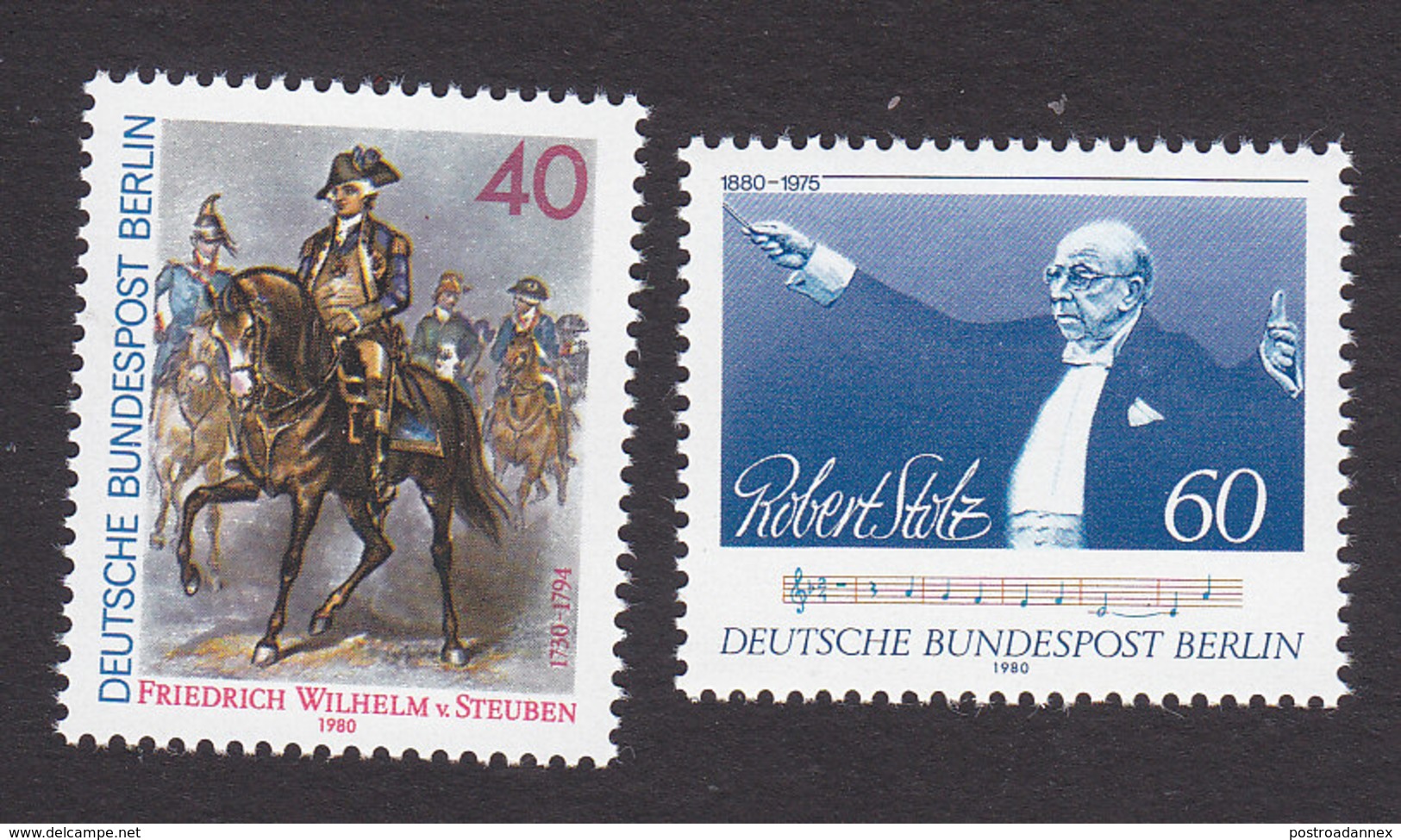 Germany, Berlin, Scott #9N455-9N456, Mint Never Hinged, Von Steuben Leading Troops, Stolz, Issued 1980 - Unused Stamps